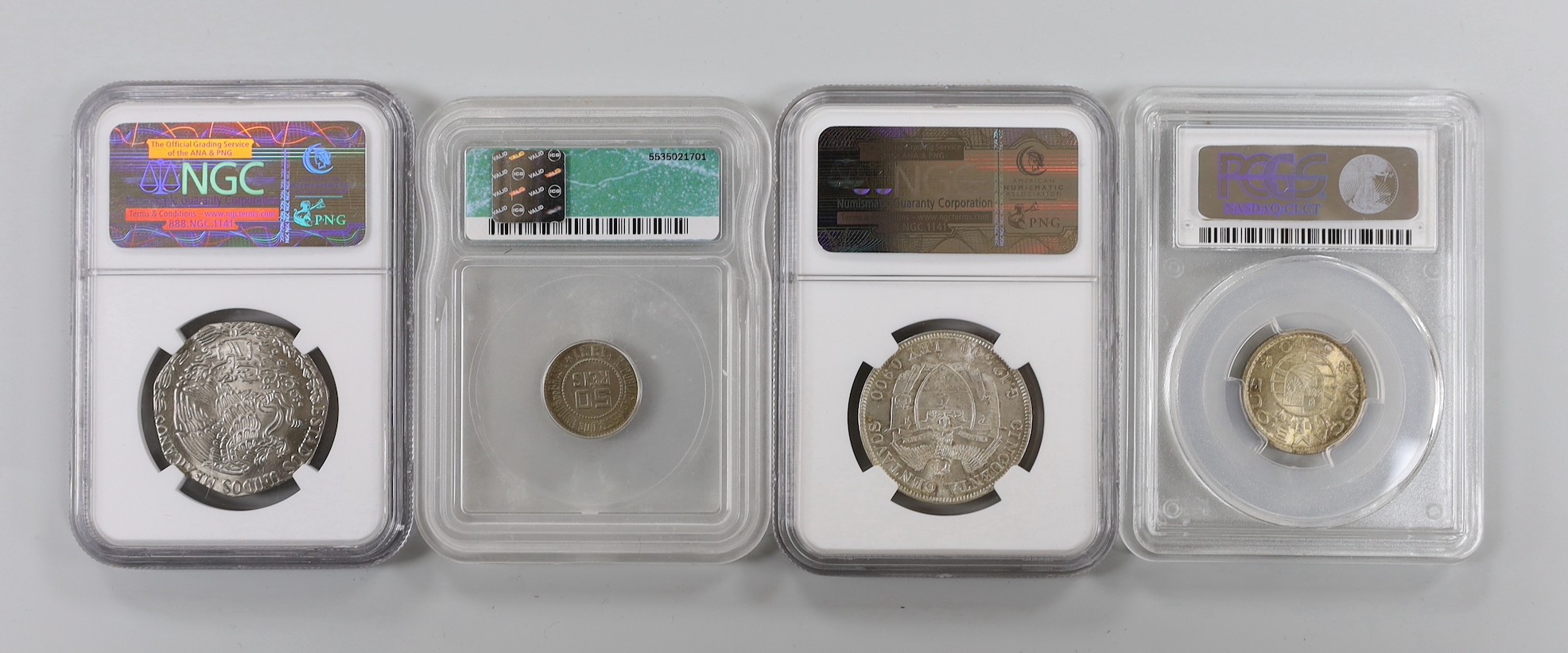 Central & South America and Africa coins, slabbed and graded - Mozambique 5 escudos 1960, PCGS MS67, Mexico 5 pesos 1976, mint error struck on a 10 pesos planchet, NGC mint error MS65, Colombia 50 centavos 1932B, NGC MS6